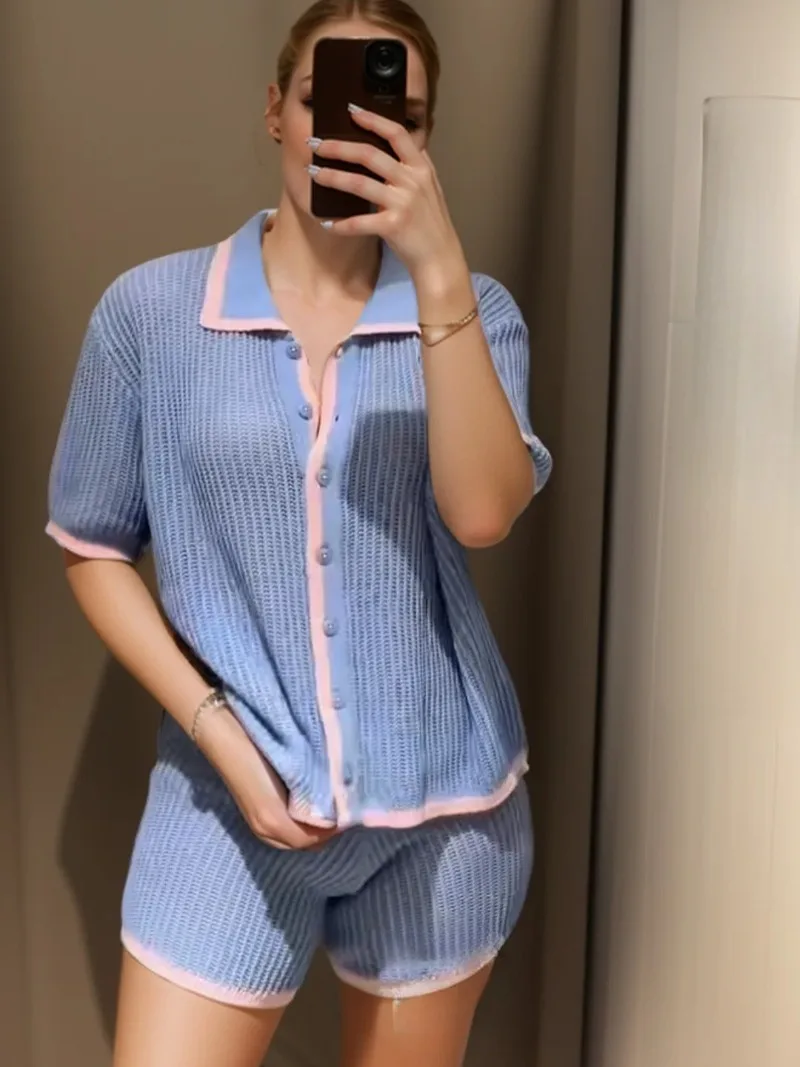 

2025 Spring Holiday Short Sets Summer New Women's Fashion Casual Short Sleeve Polo Shirt Tops Shorts for Women Two-piece Sets