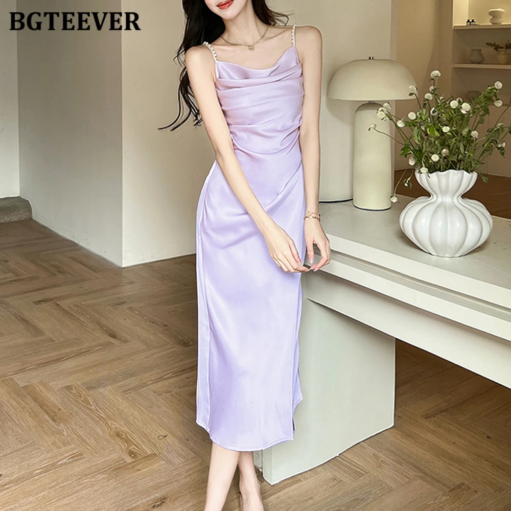 

BGTEEVER Spring Summer Casual Slim Female Spaghetti Strap Package Hip Satin Dress Elegant Women Split Bodycon Sleeveless Dress