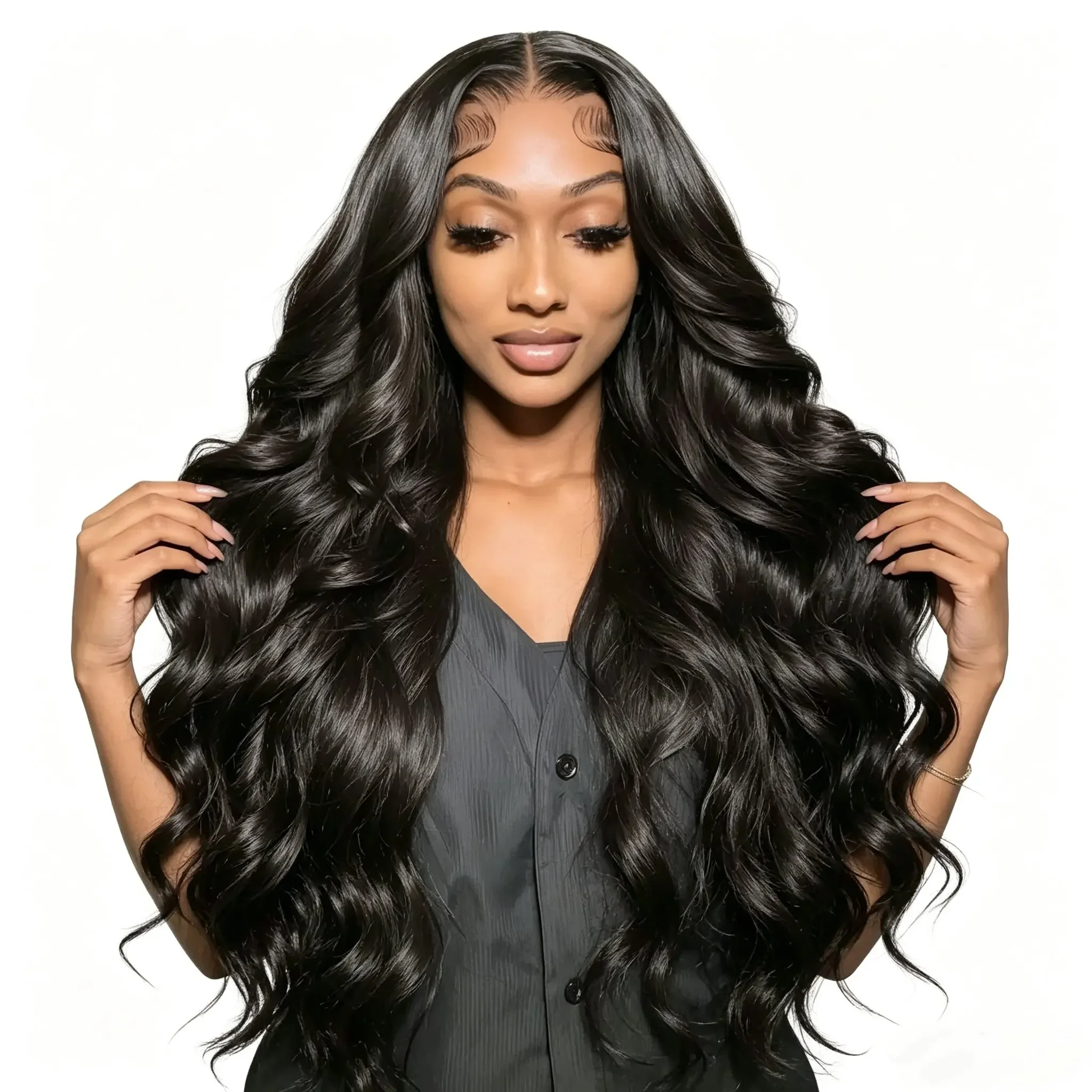 Glueless Transparent Lace Front Wig Black Loose Body Wave Pre Bleached Knots Hair Natural Looking Long Curly Wig for Daily Wear