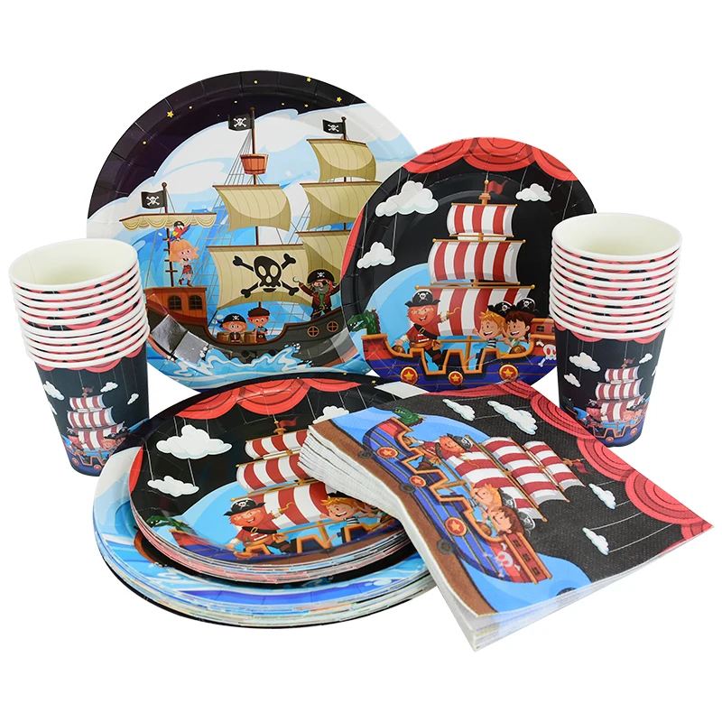 Pirate Ship Themed Party Disposable Paper Plates Cups Napkins Happy Halloween Birthday Party Dinner Table Decoration Supplies