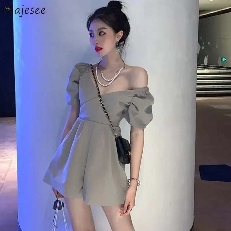 

Rompers Women Puff Sleeve Chic Elegant Sexy Loose Summer High Waist Ladies Streetwear Ulzzang Popular Simple Female Clothing Ins