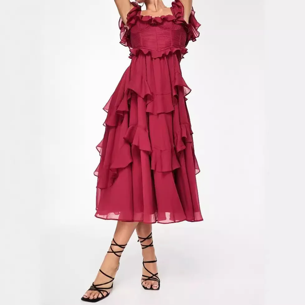 New Women Solid Color Dress Lace Backless Hollow Out Cake Dress Ruffled Pleated High Waist Sexy Fashion