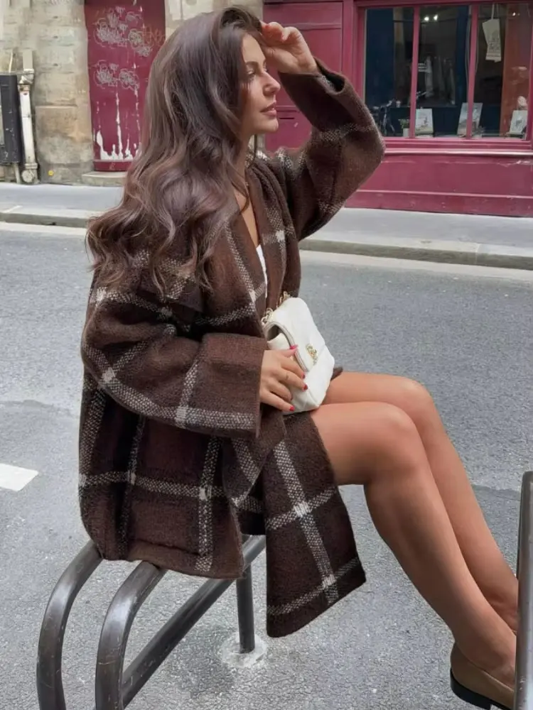 HH المرأة أنيقة منقوشة وشاح متماسكة طوق معطف فضفاض عادية كم طويل سترة مع جيوب 2025 الخريف الشتاء الدافئة أبلى #5