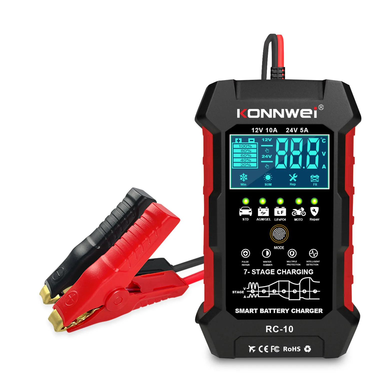 

Для Konnwei RC-10 12V10A и 24V5A Инструмент импульсного ремонта зарядного устройства для свинцово-кислотных автомобильных, морских, глубоких велосипедных аккумуляторов