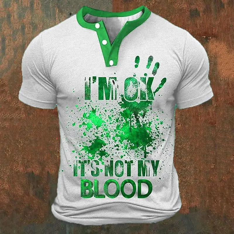 Funny 3D Letter Print Men's Henley Shirts Summer Street Clothing Fashion Loose Tees Casual Henry Collar Short Sleeve Button Tops view 3