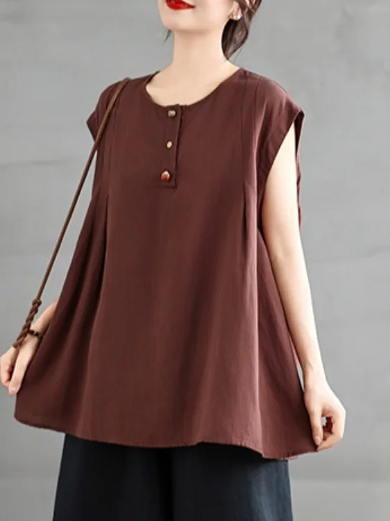 

Летняя женская рубашка-жилет из хлопка и льна без рукавов с круглым вырезом, свободного кроя, стройнящая, в простом стиле, больших размеров, для повседневной носки