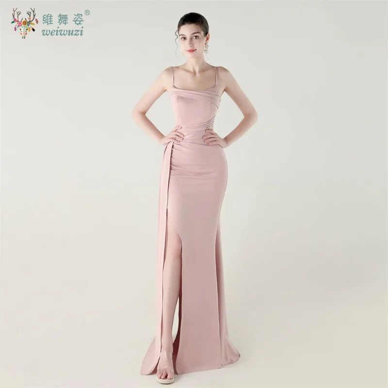 

Elegant Satin Thin Shoulder Strap Fish Tail High Slit Evening Dresses with Simple Style Pleated Tight Fitting Evening Dresses