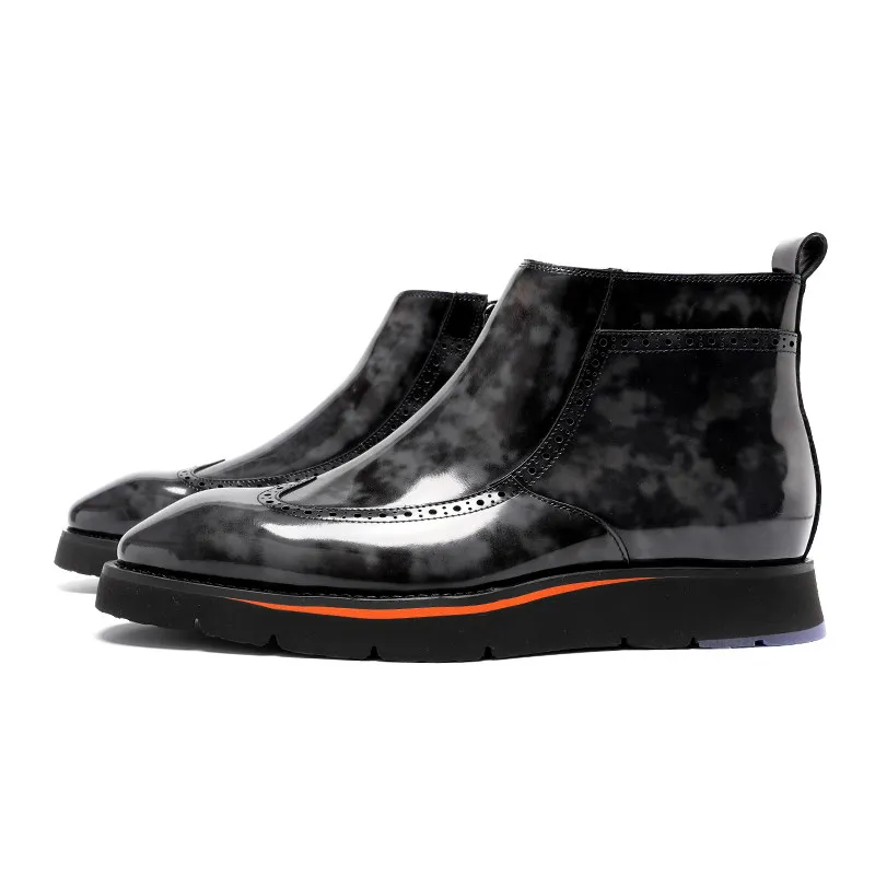 New Collection Premium Glossy Mens Genuine Leather Brogue Ankle Boots Side Zip Carved Flat Sole Male Dress Boots