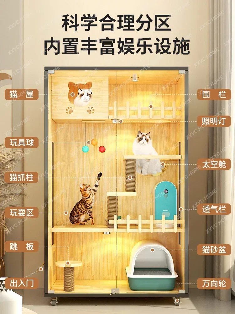 Luxury Cat Villa Home Cat House Indoor Solid Wood Waterproof Cattery Non-Covering Cat Cage Automatic Litter Box Cabinet