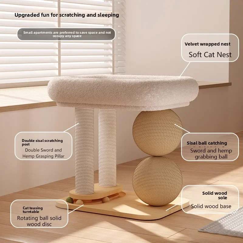FurStarSolid Wood Cat Tree All-in-One Cat Condo with Sisal Scratching Post Large Scratcher Ball Multi-Functional Pet Furniture f