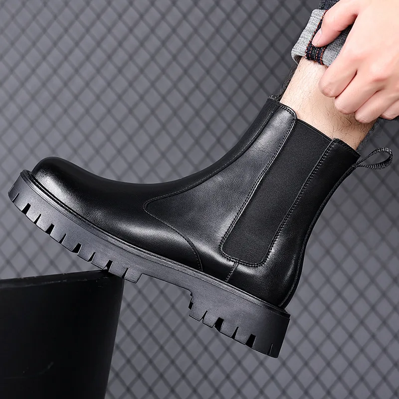 

men's fashion high chelsea boots black stylish autumn winter shoes cowboy natural leather boot cool platform motorcycle botas