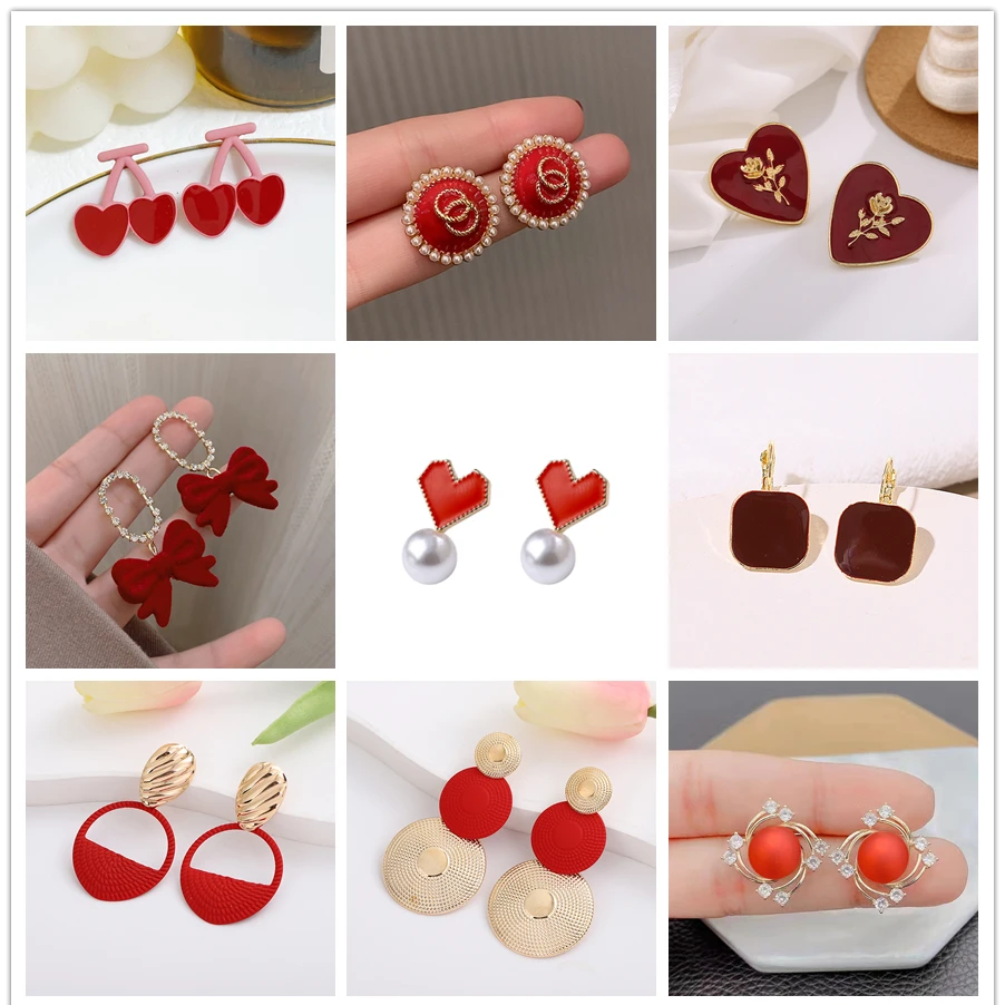 Red Color Flower Heart Enamel Pendant Earrings for Women Korean Acrylic Cherry Camellia Leaf Brincos Wedding Party Jewelry Gift