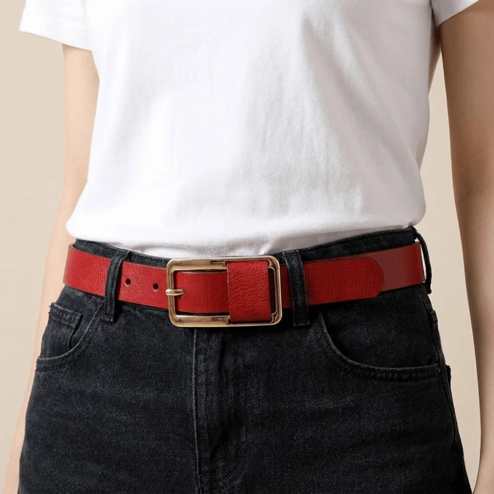 Solid Color Genuine Leather Belt Slim Korean Style Thin Waist Belt Metal Buckle Dress Decoration Women Waistband Students