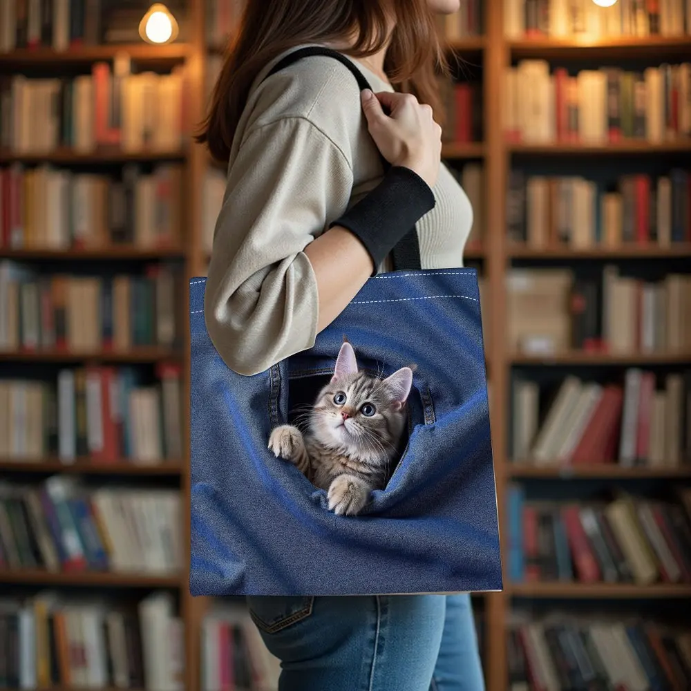 Aufbewahrungstasche, Katze späht durch Jeans, Taschenmuster, Handtasche, niedliche Tier-Tragetaschen, geeignet zum Einkaufen, Reisen, Umhängetasche – Detail 3