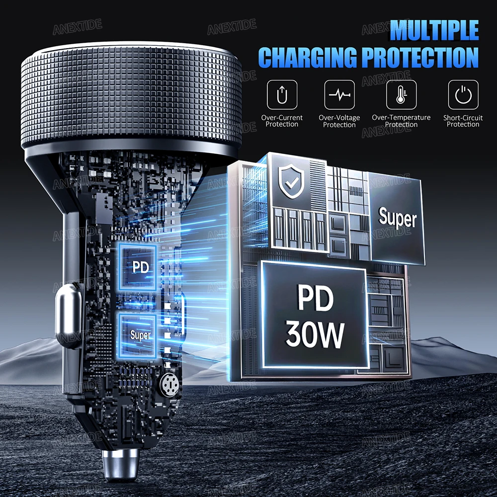 USB C Car Charger 4 พอร์ต Car Charger Adapter พร้อม LED Voltmer, อลูมิเนียมอัลลอยด์รถบุหรี่ไฟแช็ก USB Charger