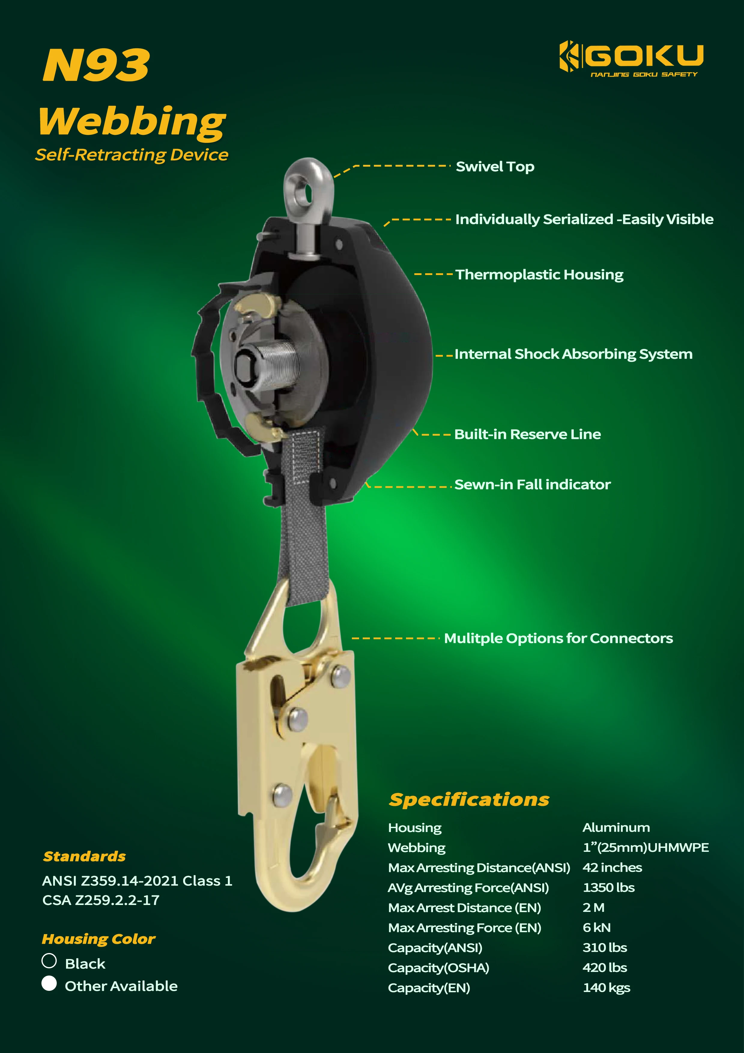 Sangle de Protection de sécurité antichute rétractable, 6M/20 pieds, Lileline