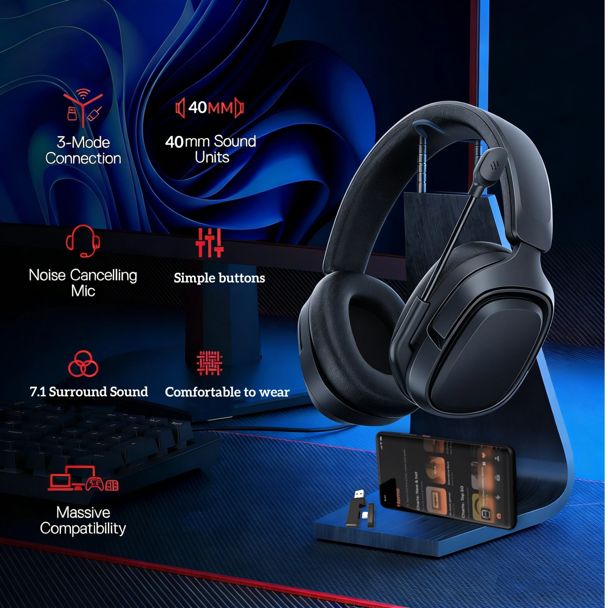 

GT808 gaming headset is an ergonomic over-ear wireless headset, equipped with a 360-degree rotatable microphone and breathable
