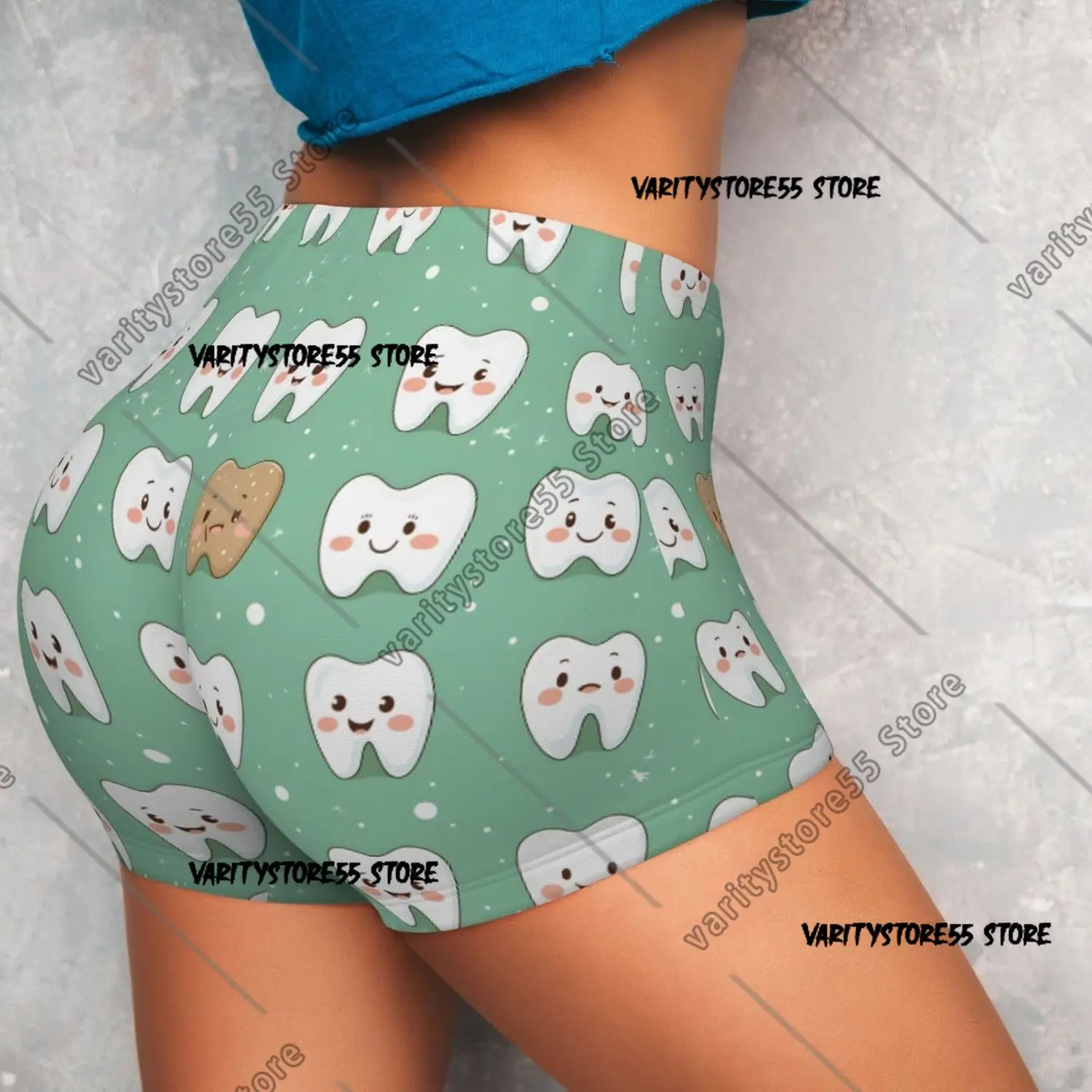 شورت تجريب نسائي لامع لطيف مطبوع عليه أسنان لراكبي الدراجات النارية واليوجا والجري والصالة الرياضية من الألياف اللدنة للنساء