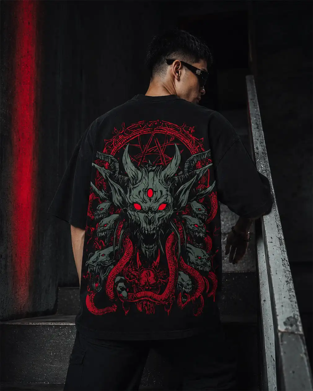 Men's Oversized Devil Hydra Pattern T-shirt with Five Pointed Star Mysterious Gothic Street Style Loose Short Sleeved T-shirt