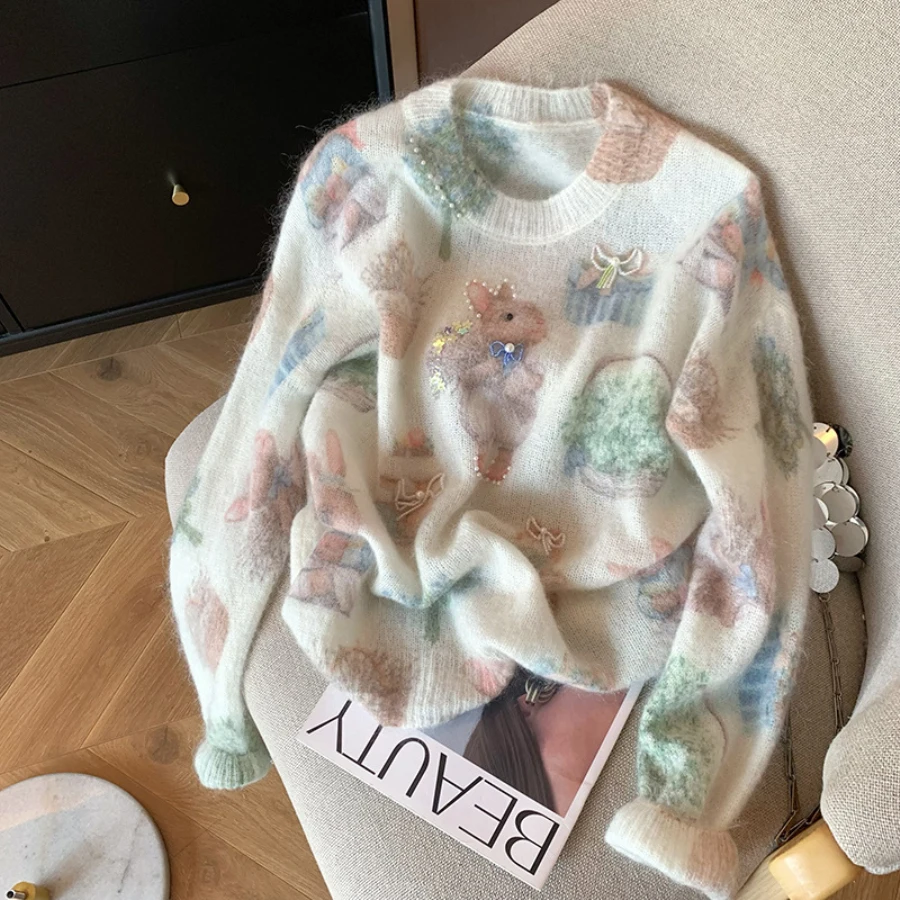 

Women's Designable Rabbit Beaded Print Mohair Sweater Sweet Soft Knit Top Autumn Winter 2025 Fashion Tops