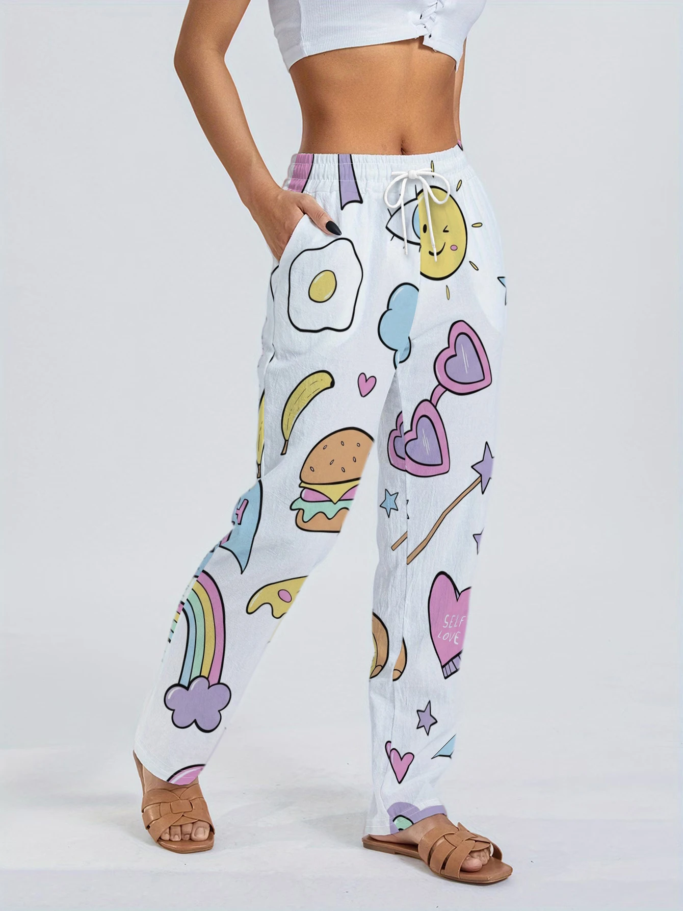 Summer Fun Cartoon Burger Sun Love Wide Leg Pants with Drawstring, Elastic Waist, Loose and Comfortable Outing Pants for Women