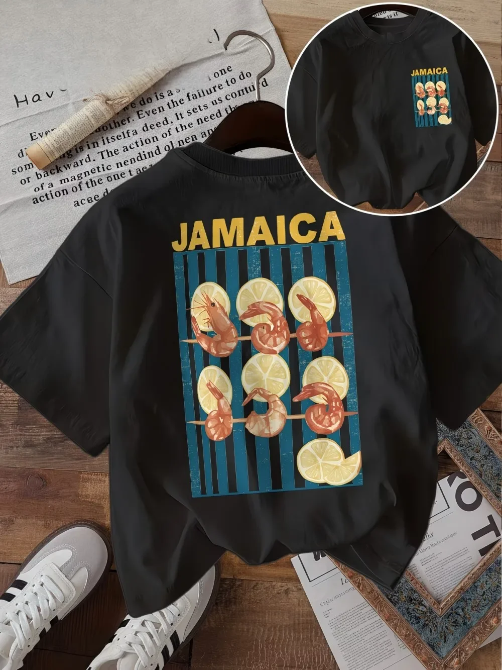 Jamaica Graphic T Shirt Women Shrimp Prawn Lemon Print Tee Summer Beach Vacation Retro Aesthetic Harajuku Casual Fashion Top