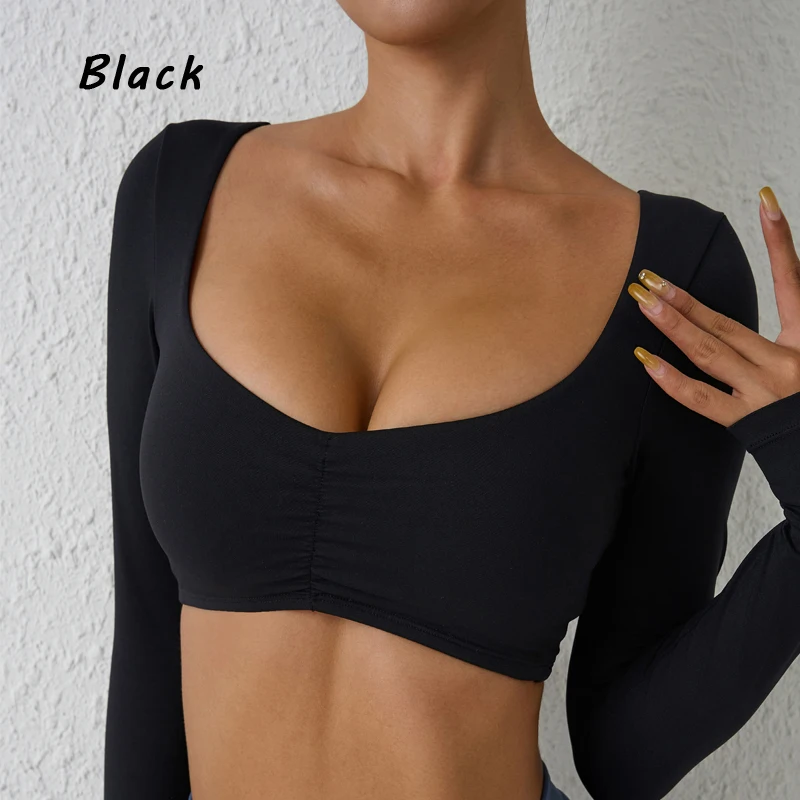 Sports Nylon Gym Top Yoga Long Sleeved T-Shirt Tight Pleated Top Women's Waist Tight Yoga Tops Tee