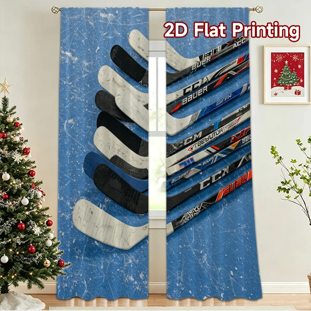 2D flat 2pcs Curtain French Romantic Style Ice Hockey Sticks Digitally printed polyester, colorfast Birthday Party Use for New