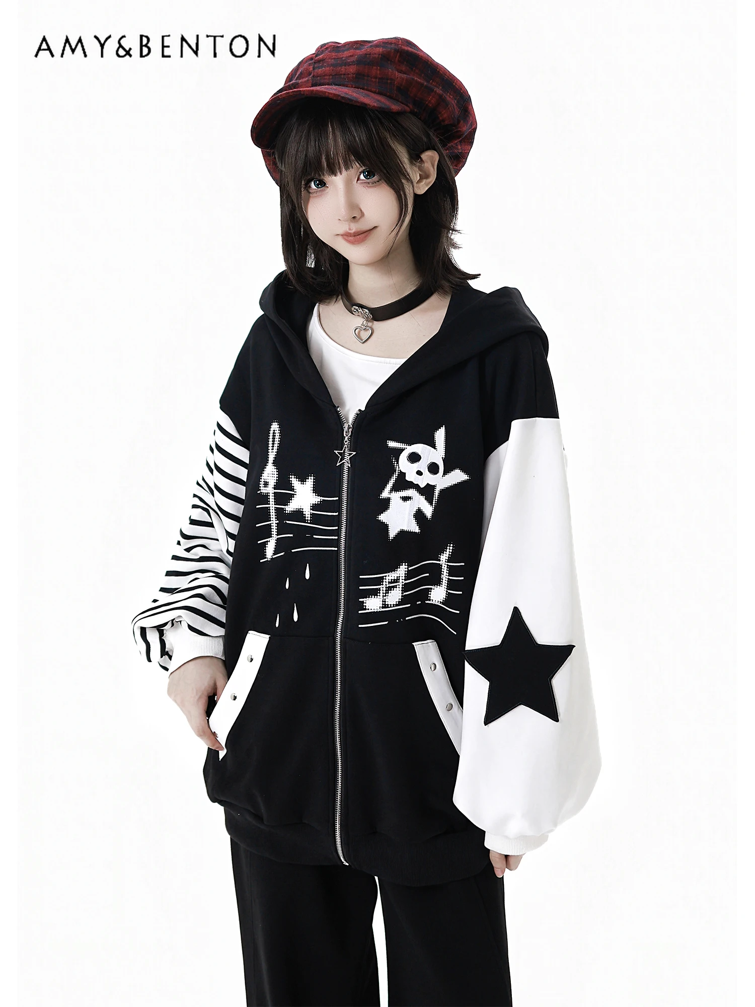 Harajuku estilo punk preto e branco retalhos dos desenhos animados impressão hoodie casual calças compridas estilo universitário roupa de menina quente primavera outono