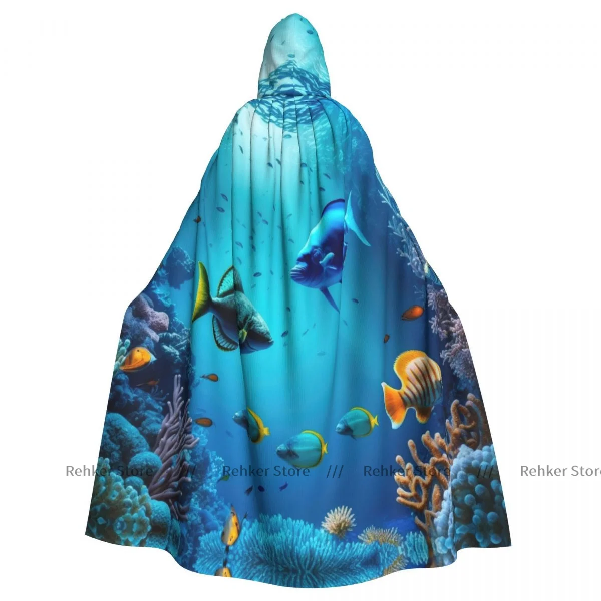 

Adult Halloween Underwater Ocean With Angelfish Butterflyfish Cloak Cape Hooded Medieval Costume Full Length Dress Coat