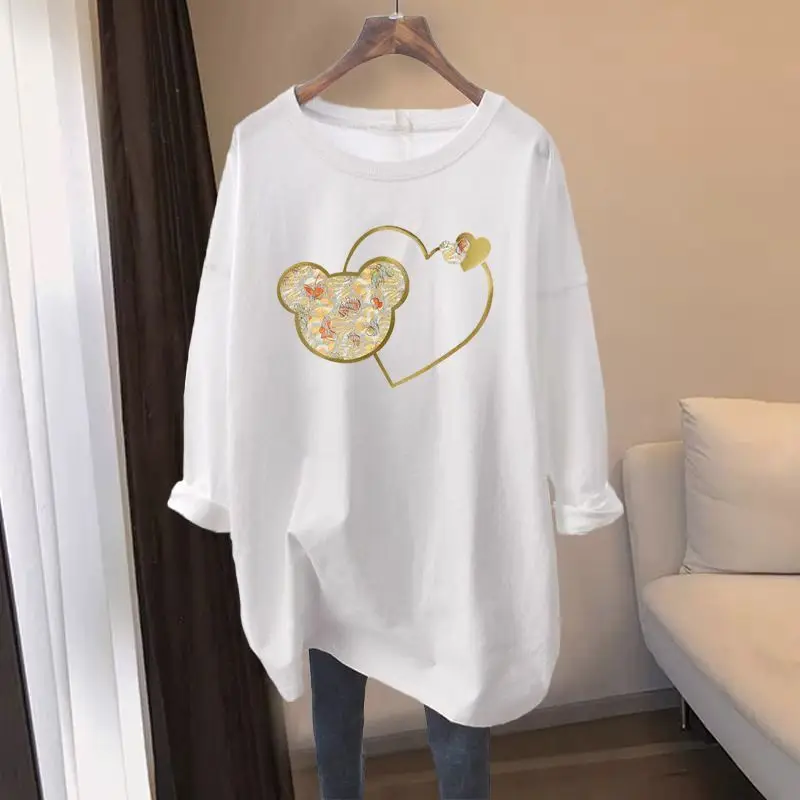 Women Clothing Casual All-match Chic Printing T-shirt Autumn Pure Cotton Loose O-neck Long Sleeve Pullover Office Lady Chic Tops