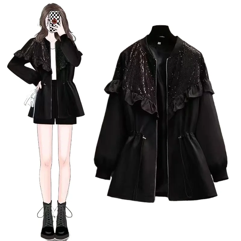Spring and Autumn New Popular Fashion Temperament Commuting Fungus Lace Sequined Coat Women's Casual Top Waist Thin Trench Coat