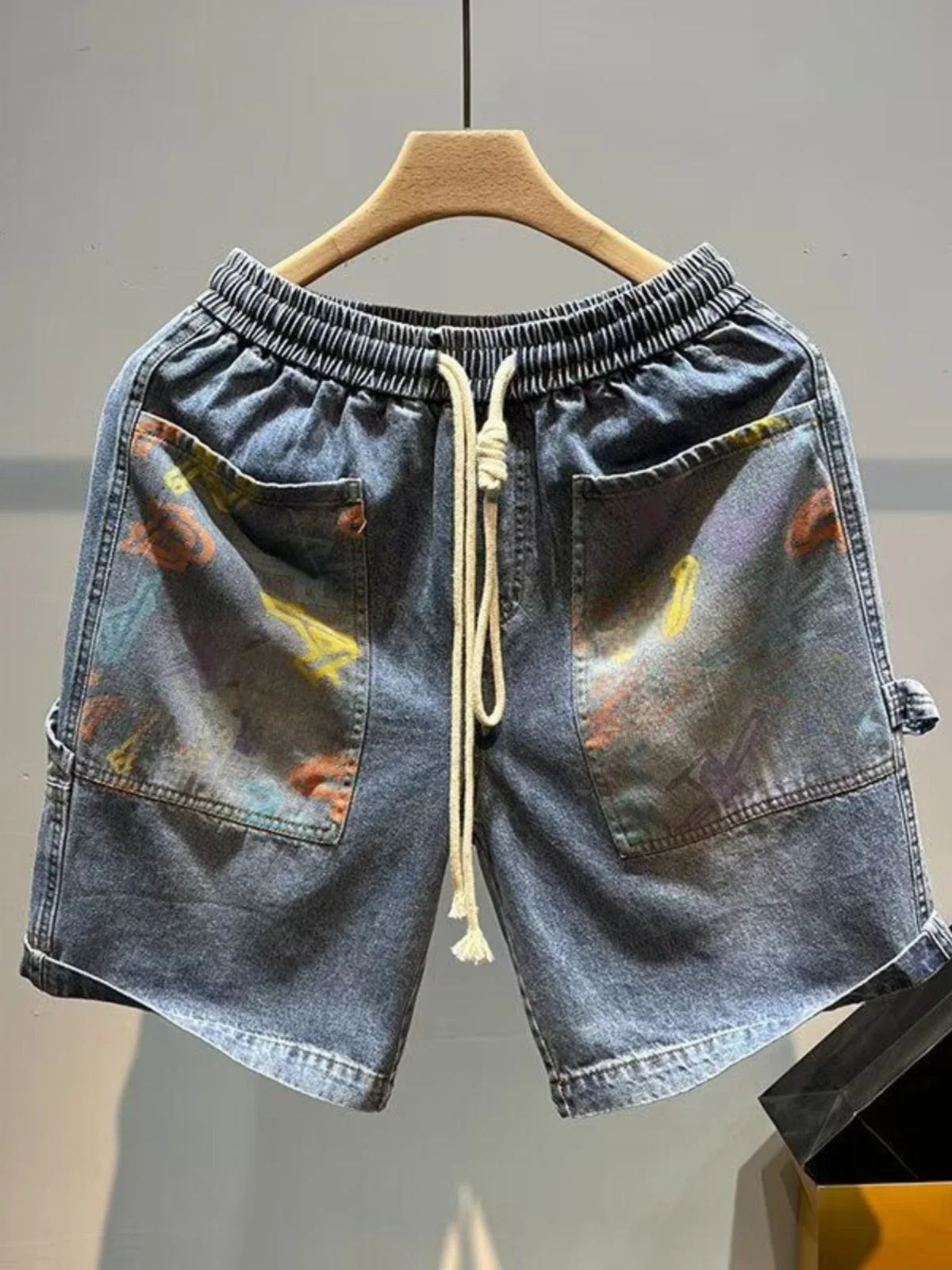 

Retro American Print Jeans orts Men's Trendy Thin Design Loose Large ket Casual Five-Quarter Mid-Waist Pants