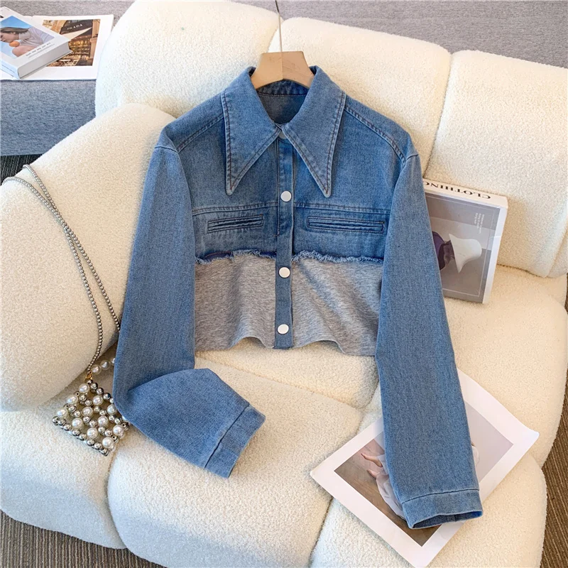 2024 Vintage Women Patchwork Denim Jacket Pant Sets Long Sleeve Cropped Coat+High Waist Wide Leg Pants Streetwear Suit