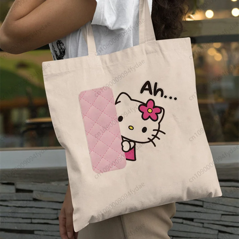 

Женская холщовая сумка через плечо Hello Kitty YES Print, холщовая сумка-тоут, эко-сумка для покупок, повседневная сумка для ежедневного использования