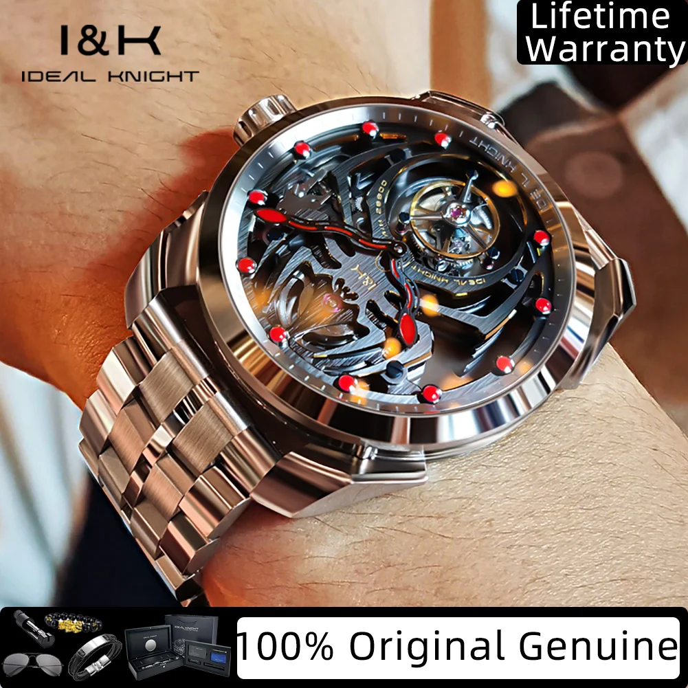 

IDEAL KNIGHT Мужские часы с настоящим турбийоном, высококачественные полностью полые часы с узором паука, крутой циферблат, лучшие роскошные механические часы 6802