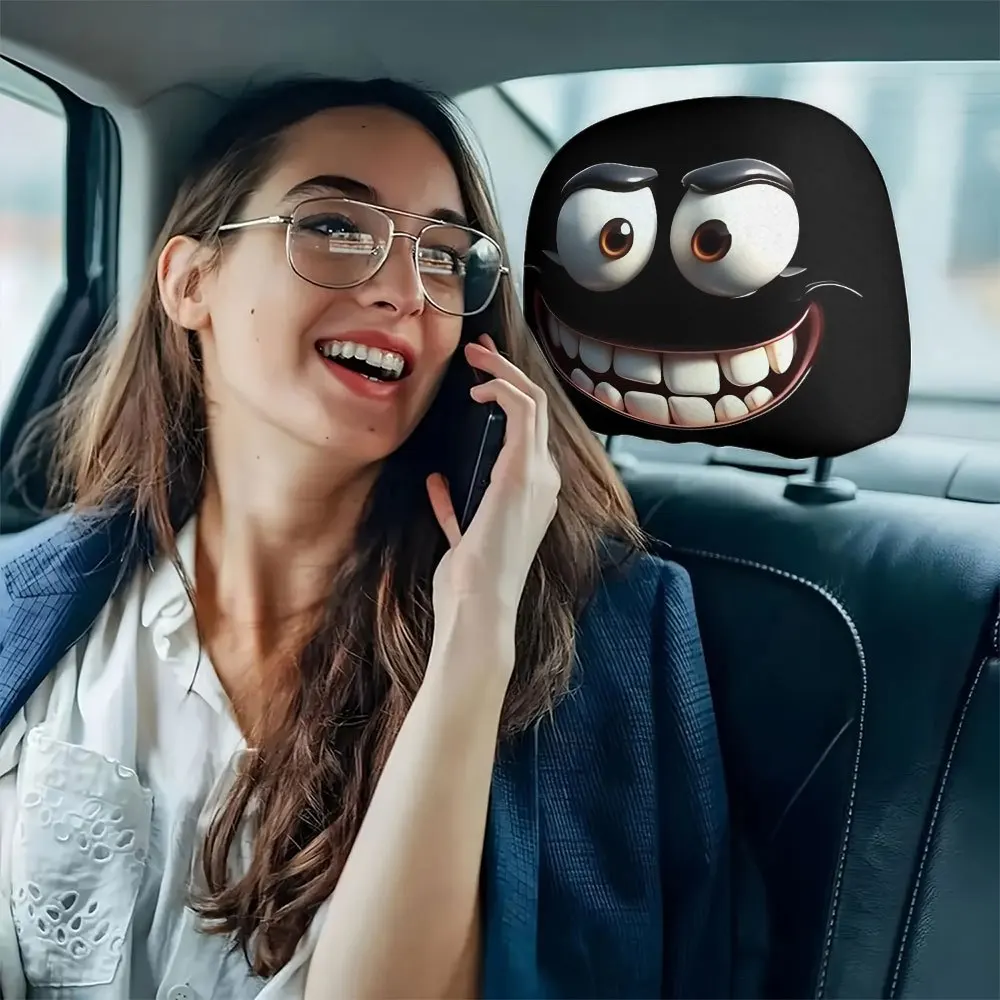 2pcs Smiley Face Printed Car Pillowcase Soft Comfortable Decorative Cushion Cover Auto Seat Headrest Washable Polyester Fabric image 4