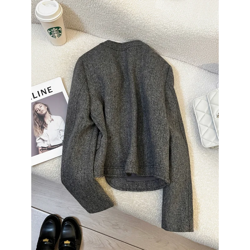 Wysokiej jakości szary, pachnący krótki płaszcz damski na jesień i zimę, w stylu koreańskim, prosty, casualowy, do biura, francuski płaszcz tweedowy.