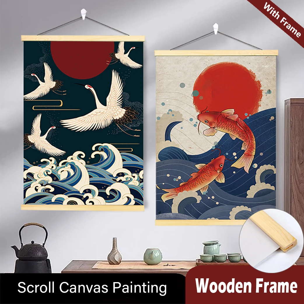 

Japanese Ukiyo-e Style Wall Tapestry Sushi Restaurant Decor Scroll poster Canvas Poster with Wooden Hanger Scroll Painting