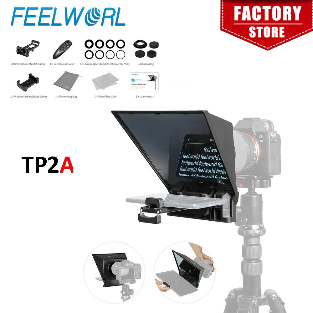 FEELWORLD TP2A Smartphone DSLR Camera Teleprompter Prompter with Remote Control Magnetic Phone Holder for Interview Live Stream