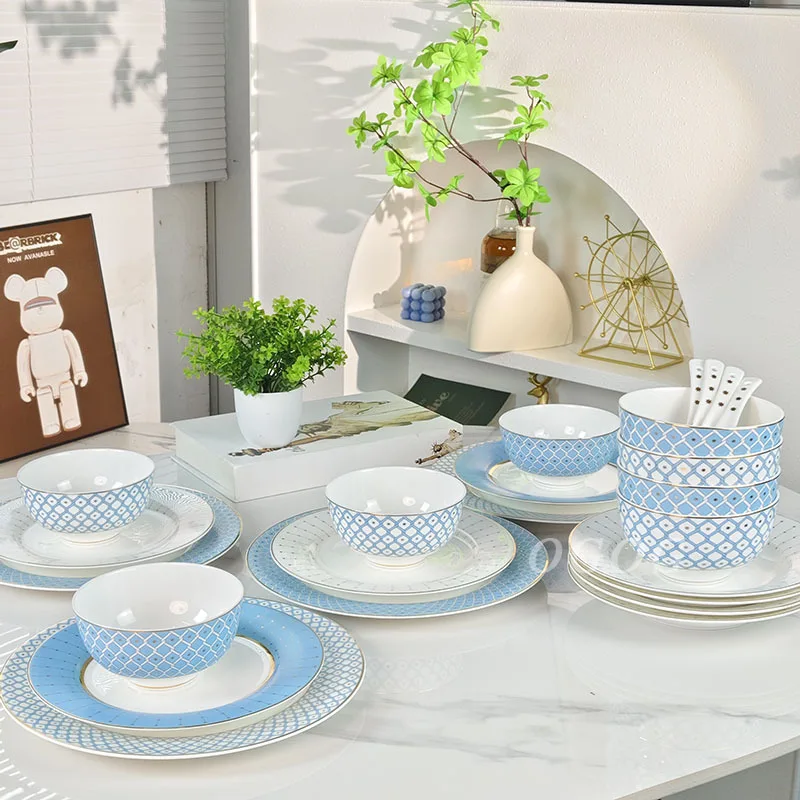 

Минималистичная стильная чаша из костяного фарфора, голубая чаша, набор ложек, тарелка, изысканная подарочная коробка, упаковка