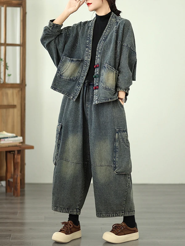Conjunto Faion feminino de última geração vintage com botões jeans casual kets solto pessoal outono desgaste confortável ort Sve V-...