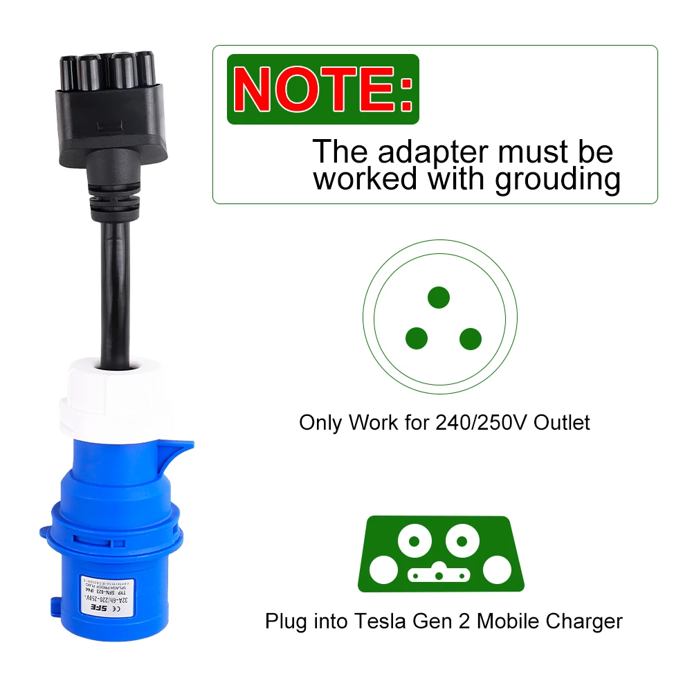 ADPOW For Tesla Model 3 S X Y Gen 2 3Pin Adapter Blue CEE Plug EV Connector Fast Charger Extension Cord Adapters 240V 32A