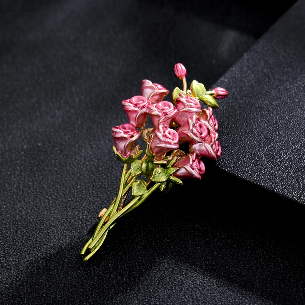 Fashion Cute Pink Rose Bouquet Brooches For Women Unisex Elegant Enamel Flower Plant Brooch Pins Office Party Lady Jewelry Gifts