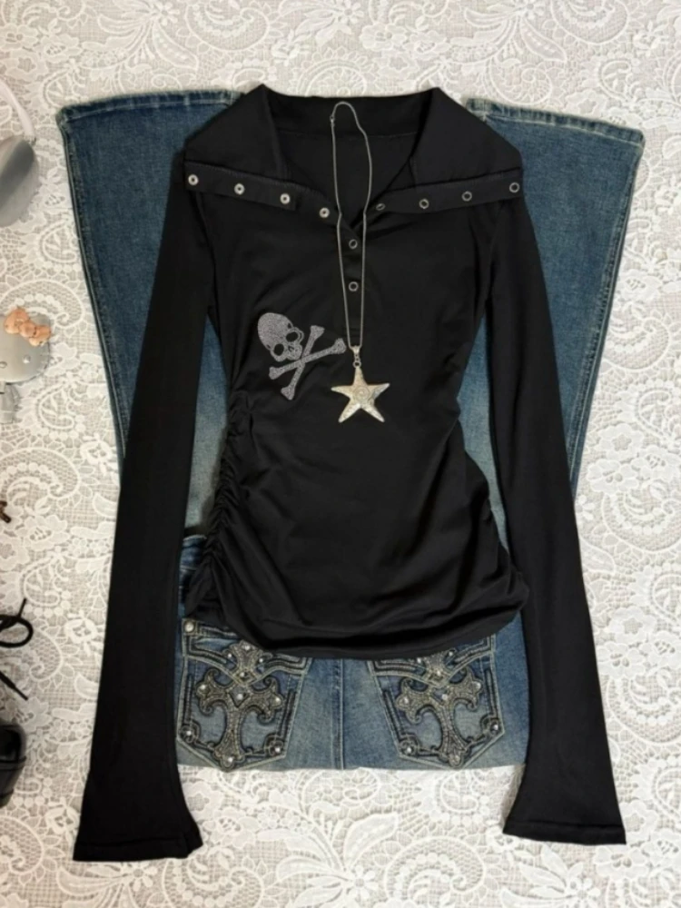 Vintage Fashion Subculture - Damen Gothic Subkultur Totenkopf Strass T-Shirt