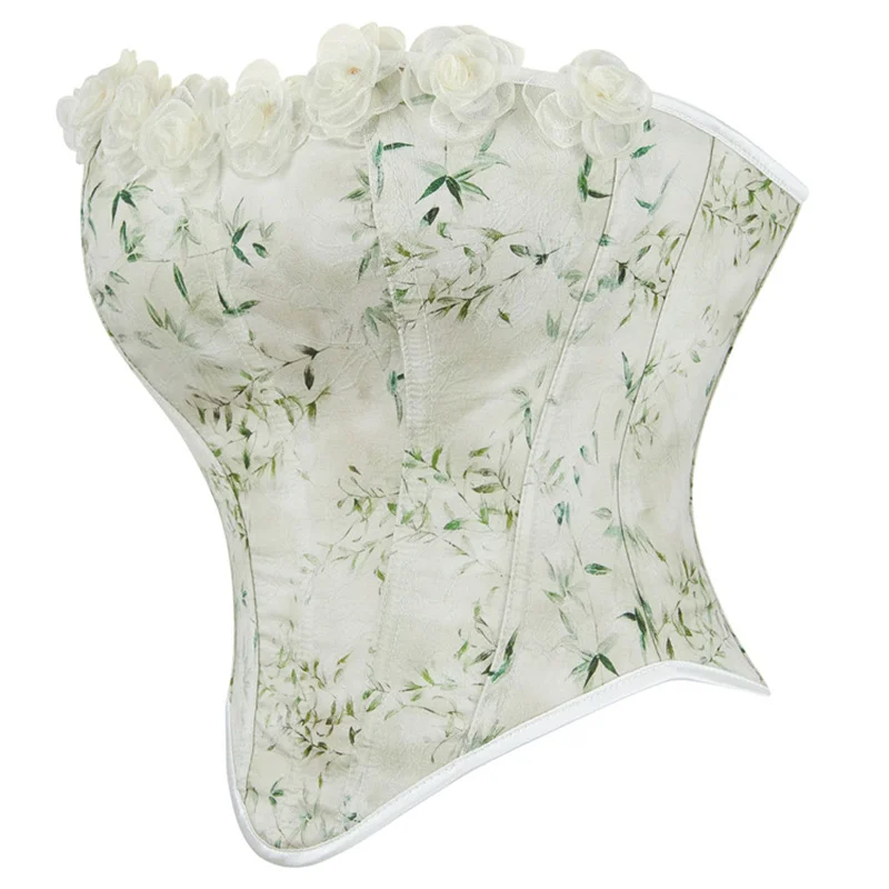 Matte Green Corset Shapewear Top Bustier Three-dimensional Flower Decoration Shapewear Overbust Corset Green Bamboo Print