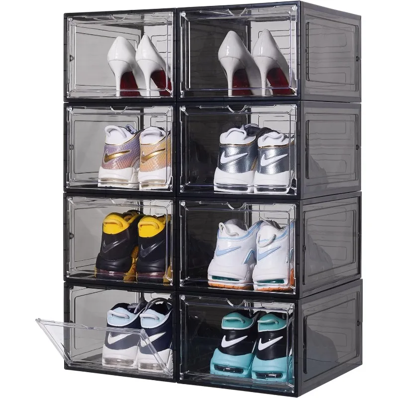 

Upgrade 8 Pack X-Large Shoe Storage Boxes with Clear Magnetic Doors Stackable Shoe Organizer with Solid Plastic Drop Front