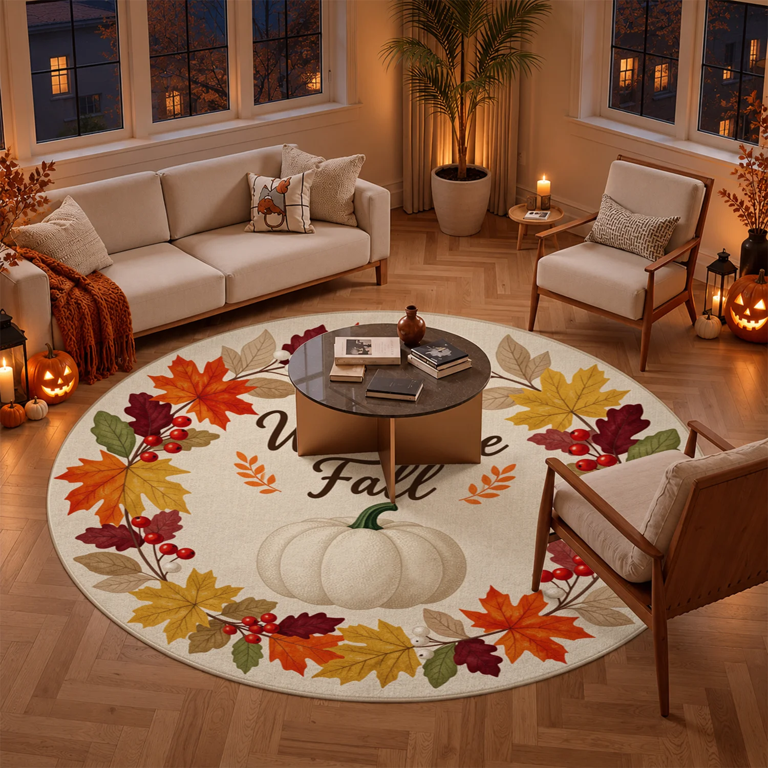Soft Autumn Maple Leaves White Pumpkin Welcome Fall Pattern Round Velvet Decorative Mat Machine Washable, Ideal for Front Door, Living Room, Dining Space, Entryway, Suitable for Halloween, Thanksgiving, Christmas, New Year Holiday Decoration