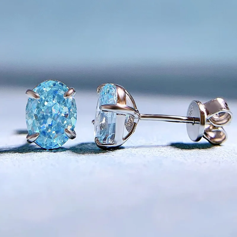 2023 New 925 Sterling Silver Imported High Carbon Diamond 6 * 8mm Sea Blue Treasure Zircon Earrings Cross Border ins