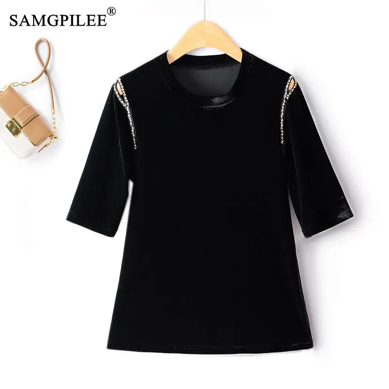 

Women's T-shirts Heavy Industry Off The Shoulder Beaded Gold Velvet O Neck Half Sleeve Y2k Tops 2023 Autumn Bottoming Shirts 4XL